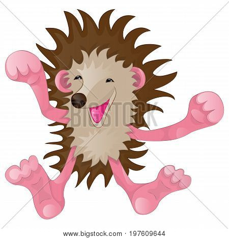 Cartoon characters cheerful cute funny hedgehog rejoices and exults