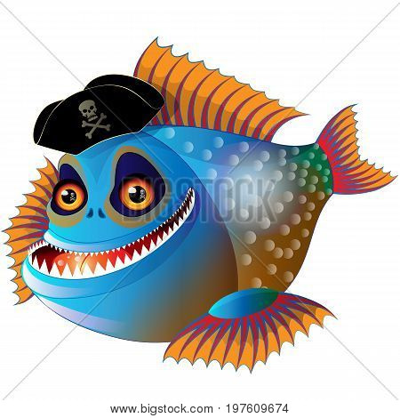 Cartoon funny piranha in pirate cap with bone and skull