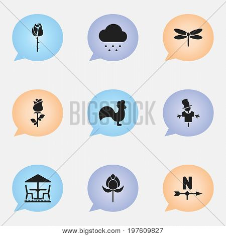 Set Of 9 Editable Gardening Icons. Includes Symbols Such As Rose, Breeze Direction, Ranunculus And More