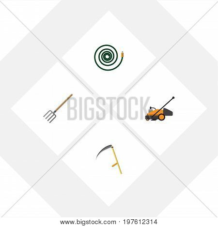 Flat Icon Garden Set Of Hosepipe, Hay Fork, Cutter And Other Vector Objects