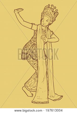 Line art illustration of Indonesian traditional dance from Bali