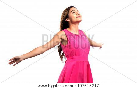 Happy woman with her arms outstreched isolated on white background