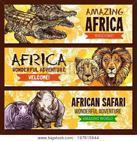 African Safari wild adventure entertainment poster. Vector design of Africa savanna wildlife world crocodile alligator, lion or cheetah panther, hippopotamus and rhinoceros for zoo welcome template