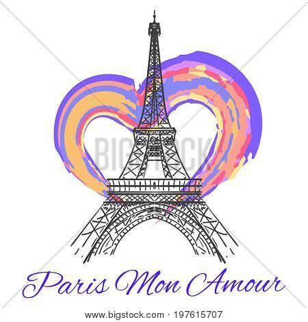 Eiffel tower with colorful bright heart isolated on white background. Vector illustration