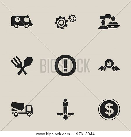 Set Of 9 Editable Complicated Icons. Includes Symbols Such As Caution, Finding Solution, Cutlery And More