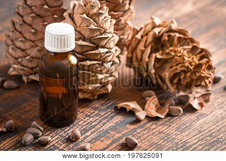 Essential Cedar Oil in a small bottle selective focus.