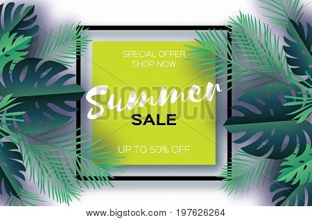 Trendy Summer Sale Template banner. Paper cut art Tropical palm leaves, plants. Exotic. Hawaiian. Space for text. Square frame. Dark green jungle floral background. Monstera, palm. Vector illustration