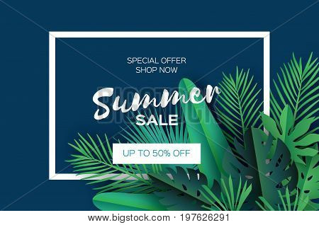 Trendy Summer Sale Template banner. Paper cut art Tropical palm leaves, plants. Exotic. Hawaiian. Text. Rectangle frame. Dark green jungle floral background. Monstera, palm. Vector illustration