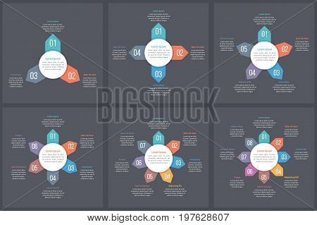 Circle infographic templates with 3, 4, 5, 6, 7 and 8 elements steps or options, workflow or process diagram, data vizualization, vector eps10 illustration