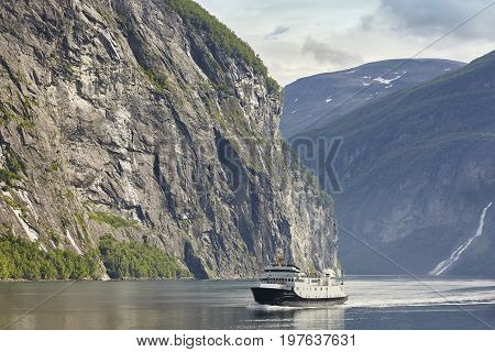 Norwegian fjord landscape. Hellesylt Geiranger cruise travel. Tourism