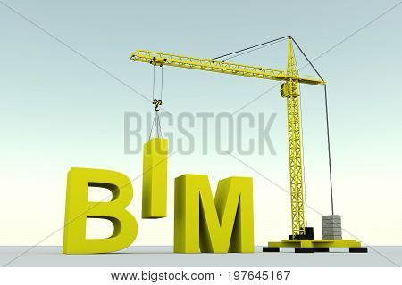 BIM concept building crane white background 3d illustration