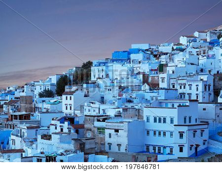 Panorama of Chefchaouen city blue medina in Rif mountains, Morocco, North Africa