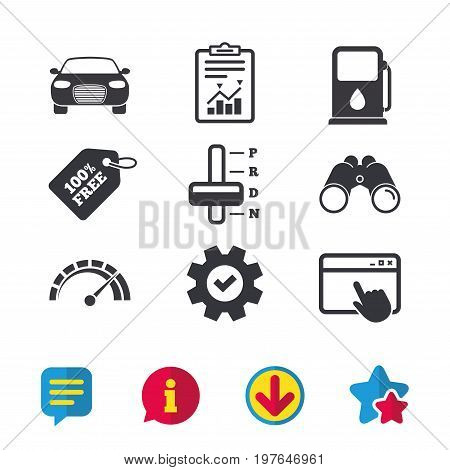 Transport icons. Car tachometer and automatic transmission symbols. Petrol or Gas station sign. Browser window, Report and Service signs. Binoculars, Information and Download icons. Stars and Chat