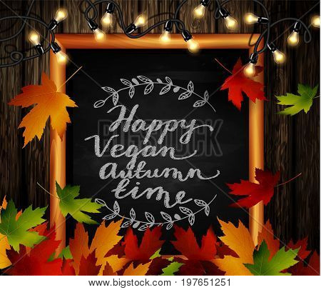 Chalkboard with autumn leaves a cozy lights and falling leaves