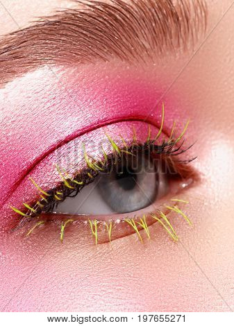 Creative Makeup. False Long Gteen Eyelashes Closeup. Beauty Model Woman Face Make-up With Fantasy Br