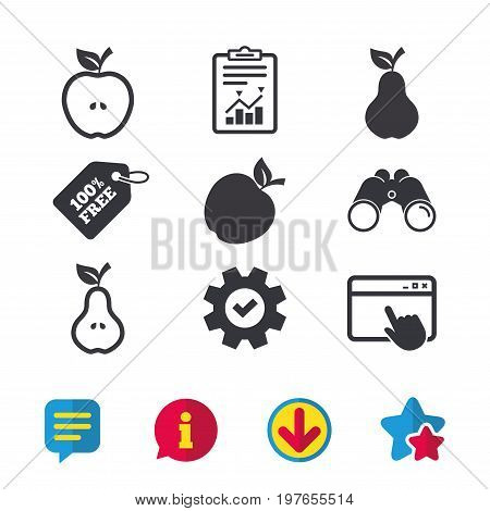Fruits with leaf icons. Apple and Pear with seeds signs. Natural food symbol. Browser window, Report and Service signs. Binoculars, Information and Download icons. Stars and Chat. Vector