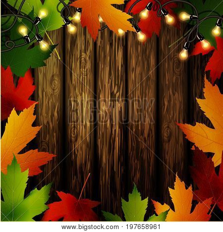 Wooden wall with autumn leaves frame and falling leaves vector illustration