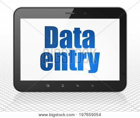 Information concept: Tablet Pc Computer with blue text Data Entry on display, 3D rendering