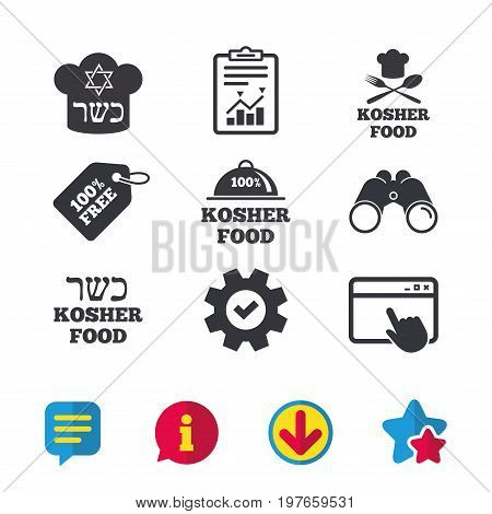 Kosher food product icons. Chef hat with fork and spoon sign. Star of David. Natural food symbols. Browser window, Report and Service signs. Binoculars, Information and Download icons. Stars and Chat