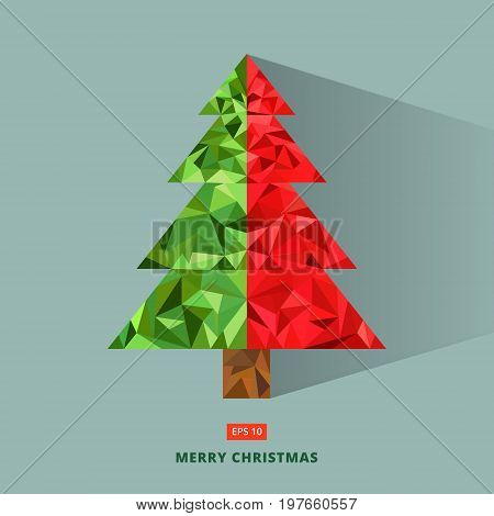 Abstract geometric triangle low poly art style green and red christmas tree greeting card polygonal design for brochure magazine poster leaflet print ad icon Vector illustration