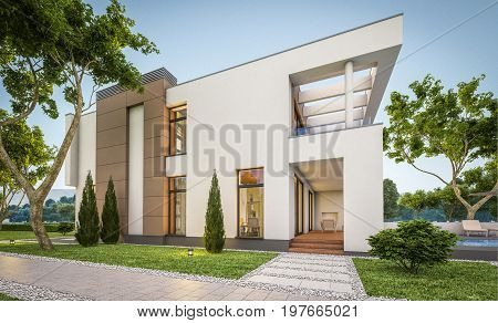3D Rendering Of Modern House At Evening