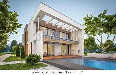 3D Rendering Of Modern House At Evening