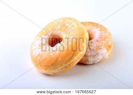 Homemade Doughnuts with Jelly filled and powdered sugar isolated on white background. Selective focus