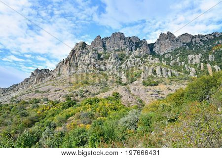 Stone pillars and rocks in the valley of ghosts. Crimea
