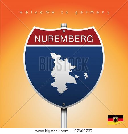 An Sign Road America Style with state of Germany with Yellow background and message NUREMBERG and map vector art image illustration