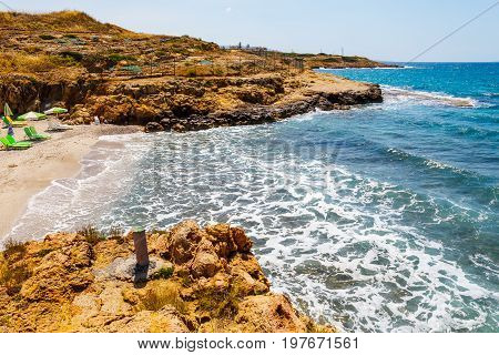 Landscape Of Beautiful Coast During Sunset Near Malia, Crete,  Greece
