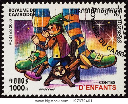 Moscow Russia - February 23 2017: A stamp printed in Cambodia shows scene from a fairy tale Pinocchio by Carlo Collodi series 
