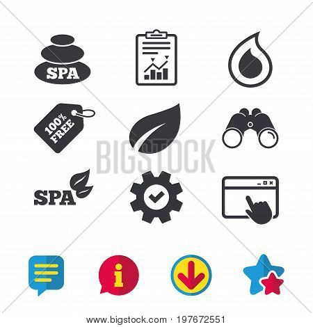 Spa stones icons. Water drop with leaf symbols. Natural tear sign. Browser window, Report and Service signs. Binoculars, Information and Download icons. Stars and Chat. Vector