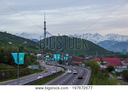 Almaty, Kazakhstan - May 6: Kok Tobe Hill And Tv Tower. City View On May 6, 2017 In Almaty, Kazakhst