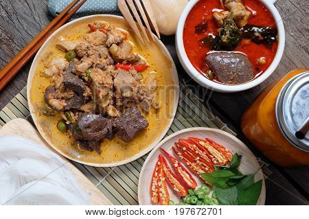 Thai Food - Thai Rice Noodles with Chicken Curry in Coconut Milk 