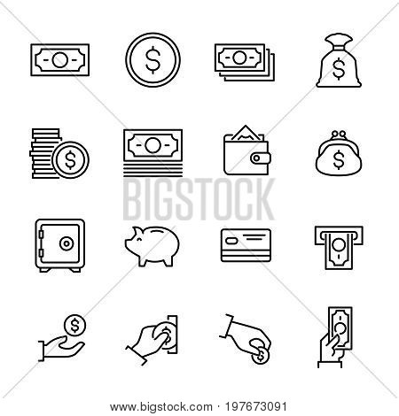 Set of 16 money thin line icons. High quality pictograms of finance. Modern outline style icons collection. Wallet, business, ATM, card, paymant, investment, currency, etc.