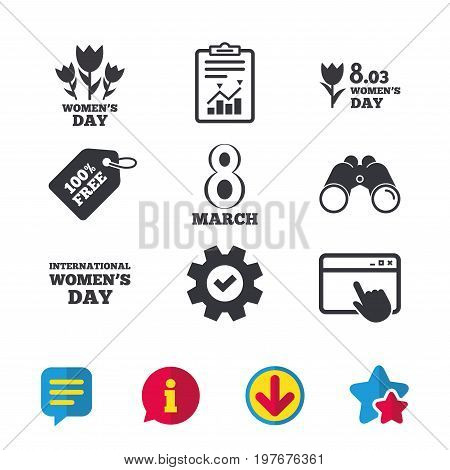 8 March Women's Day icons. Tulips or rose flowers bouquet sign symbols. Browser window, Report and Service signs. Binoculars, Information and Download icons. Stars and Chat. Vector