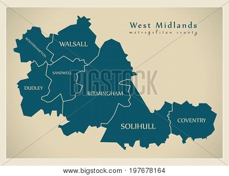 Modern Map - West Midlands Metropolitan County With District Captions England Uk