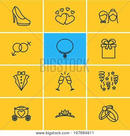 Editable Pack Of Chariot, Bridegroom Dress, Jewelry And Other Elements.  Vector Illustration Of 12 Marriage Icons.