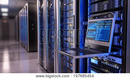 Rackmount LED console in server room data center - 3d illustration