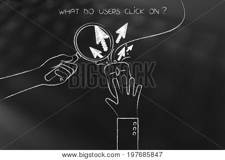 Hand With Magnifying Glass Looking At Clicks From A User's Mouse Clickstream
