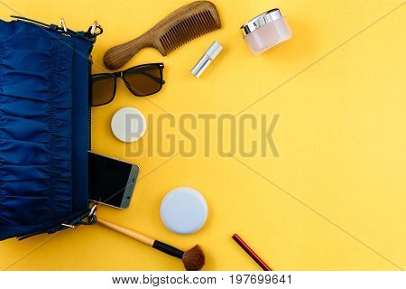 Flat Lay Set Bag And Cosmetics On Paper Colorful For Women