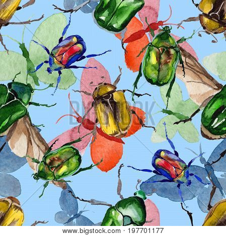 Exotic beetle bronzovka wild insect pattern in a watercolor style. Full name of the insect: beetle bronzovka. Aquarelle wild insect for background, texture, wrapper pattern or tattoo.