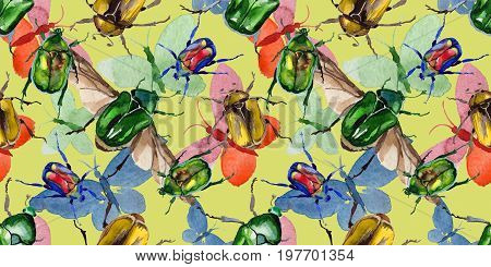 Exotic beetle bronzovka wild insect pattern in a watercolor style. Full name of the insect: beetle bronzovka. Aquarelle wild insect for background, texture, wrapper pattern or tattoo.