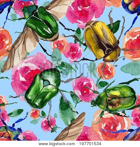 Exotic beetle bronzovka wild insect pattern in a watercolor style. Full name of the insect: beetle bronzovka. Aquarelle wild insect for background, texture, wrapper pattern or tattoo.