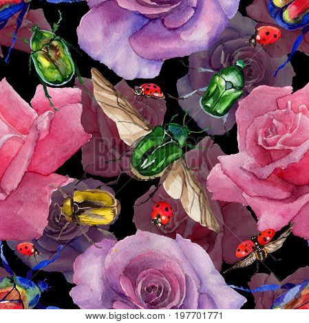 Exotic beetle bronzovka wild insect pattern in a watercolor style. Full name of the insect: beetle bronzovka. Aquarelle wild insect for background, texture, wrapper pattern or tattoo.