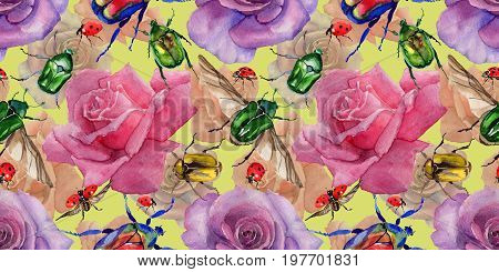 Exotic beetle bronzovka wild insect pattern in a watercolor style. Full name of the insect: beetle bronzovka. Aquarelle wild insect for background, texture, wrapper pattern or tattoo.