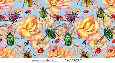 Exotic beetle bronzovka wild insect pattern in a watercolor style. Full name of the insect: beetle bronzovka. Aquarelle wild insect for background, texture, wrapper pattern or tattoo.