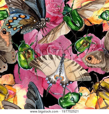 Exotic beetle bronzovka wild insect pattern in a watercolor style. Full name of the insect: beetle bronzovka. Aquarelle wild insect for background, texture, wrapper pattern or tattoo.