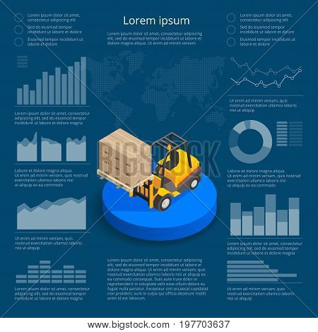 Infographics with data icons, world map charts and design elements of International trade logistics network infographic vector illustration with isometric vehicles for cargo transport.