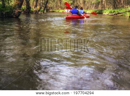 Zwierzyniec Poland - May 17 2017: Tourists kayaking on river in forest